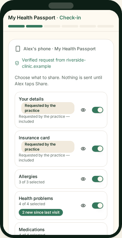 Actual check-in demo showing Alex's selected health information before sharing